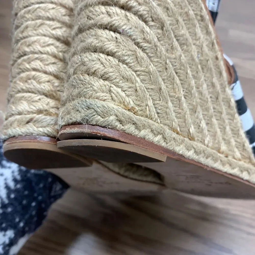Kate‎ Spade Sandals 8.5 Black White Boardwalk Espadrille Slingback Stripes Wedge